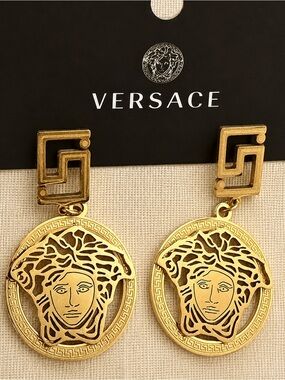Gold Medusa Greek Key Statement Drop Earrings | Luxury Designer Style Jewelry